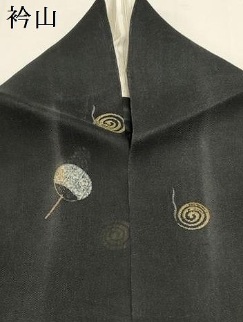 平和屋著物＊夏物　小紋　紗　蚊取線香　団扇　黒地　正絹　逸品　DAAR9870op