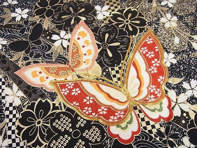 平和屋本店■極上　七五三　女の子　7歳　祝著　駒刺繍　舞蝶花文　そごう扱い　金彩　黒地　逸品　3s643
