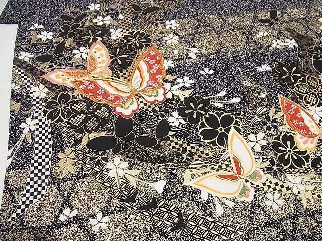 平和屋本店■極上　七五三　女の子　7歳　祝著　駒刺繍　舞蝶花文　そごう扱い　金彩　黒地　逸品　3s643