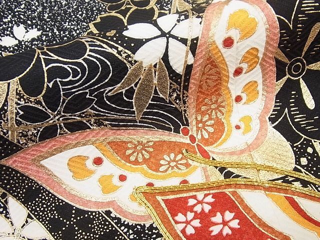 平和屋本店■極上　七五三　女の子　7歳　祝著　駒刺繍　舞蝶花文　そごう扱い　金彩　黒地　逸品　3s643