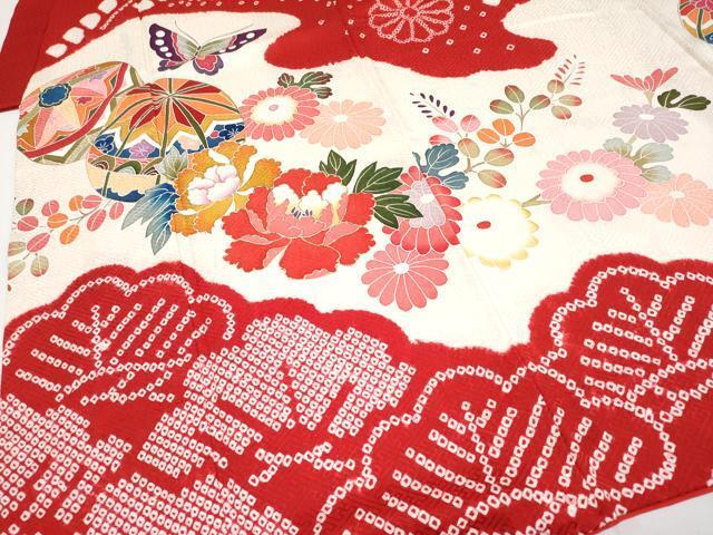 平和屋本店■極上　七五三　女の子　7歳　祝著　絞り　鞠花蝶文　金彩　逸品　CYAA2149s5
