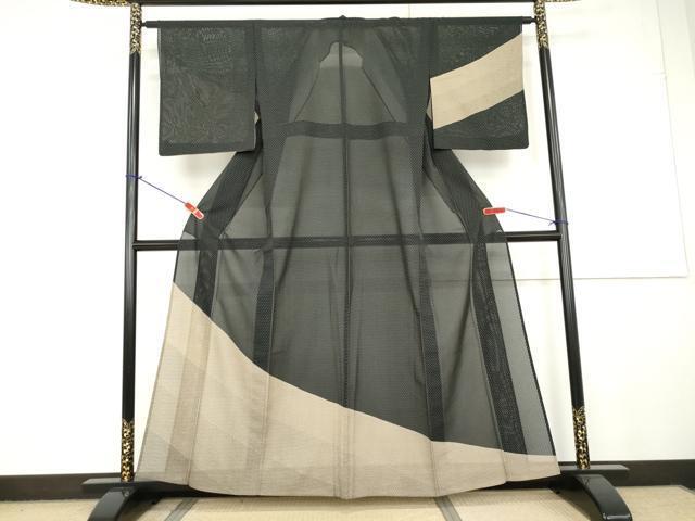 平和屋著物＊夏物　訪問著　紗　鹿の子　十字　黒地　正絹　逸品　AAAV5655cs
