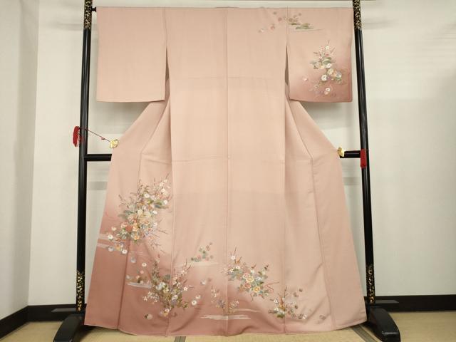 平和屋著物▼訪問著　総刺繍　草花文　丹后縮緬　反端付き　正絹　逸品　AAAV3654ck