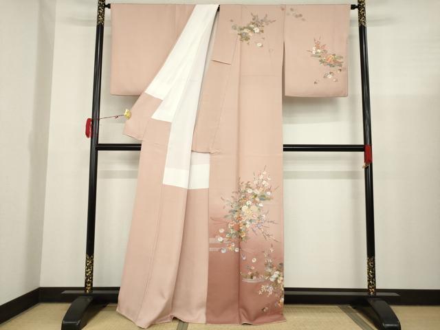 平和屋著物▼訪問著　総刺繍　草花文　丹后縮緬　反端付き　正絹　逸品　AAAV3654ck
