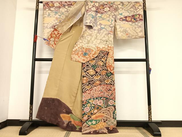 平和屋著物▼東京手描　篠原清治　訪問著　総絞り　辻が花　鴛鴦　金通し地　仮絵羽　上代350萬　正絹　逸品　未使用　AAAU0315np