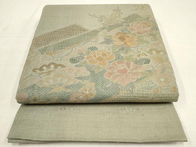 平和屋著物▼中國三大刺繍　相良刺繍　汕頭刺繍　スワトウ刺繍　袋帯　紬地　草花文　松　梅　正絹　逸品　AAAV0450wj
