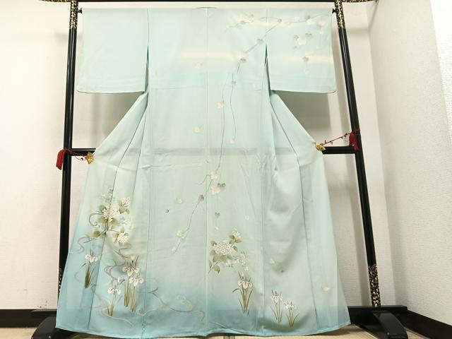 平和屋著物＊夏物　訪問(wèn)著　立絽　手描き　流水枝花文　暈し染め　銀彩　正絹　逸品　未使用　AAAU9623ph