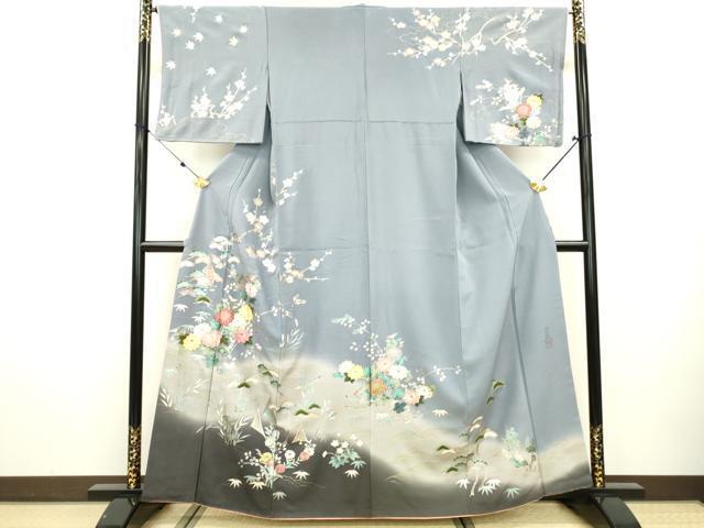 平和屋著物▼英王室獻(xiàn)上友禪作家　木下勝功　訪問(wèn)著　刺繍　草花　暈し染　金銀彩　正絹　逸品　DAAR8944fe