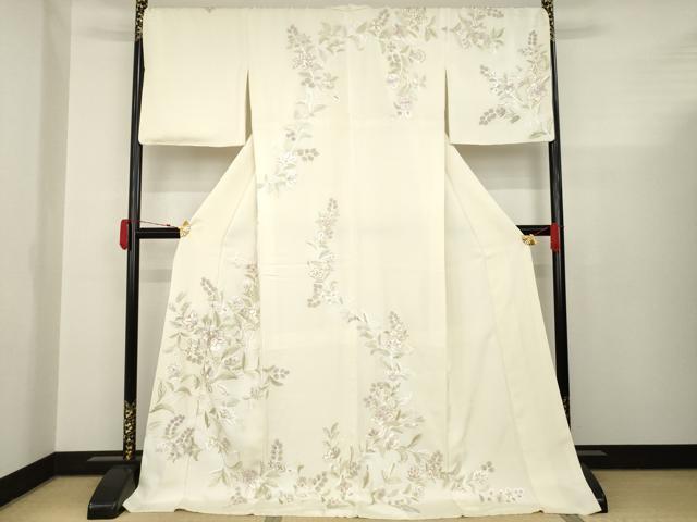 平和屋著物▼訪問著　ロング丈　総刺繍　相良刺繍　更紗花文　金纟　正絹　逸品　AAAV7938ck