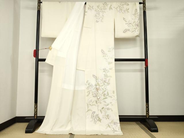 平和屋著物▼訪問著　ロング丈　総刺繍　相良刺繍　更紗花文　金纟　正絹　逸品　AAAV7938ck