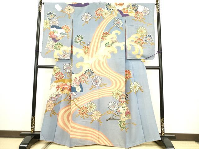 平和屋著物▼セミアンティーク　訪問著　駒刺繍　立波扇面花文　正絹　逸品　DAAT2044yyy