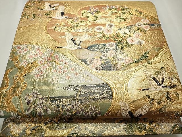  flat мир магазин кимоно * Watanabe . гора все через рисунок двойной пояс obi Tang тканый . вода . журавль цветок документ золотой нить натуральный шелк замечательная вещь CAAR7518yk