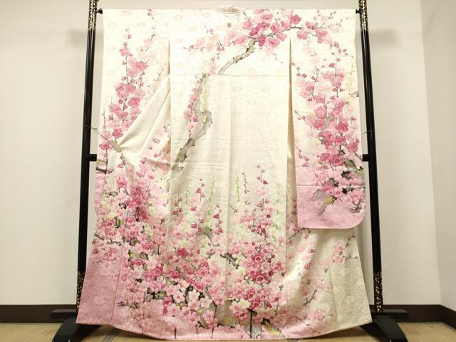 平和屋著物▼豪華振袖　手描き　枝梅文　暈し染め　金彩　正絹　逸品　CAAT0991hy