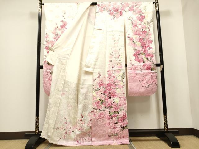 平和屋著物▼豪華振袖　手描き　枝梅文　暈し染め　金彩　正絹　逸品　CAAT0991hy