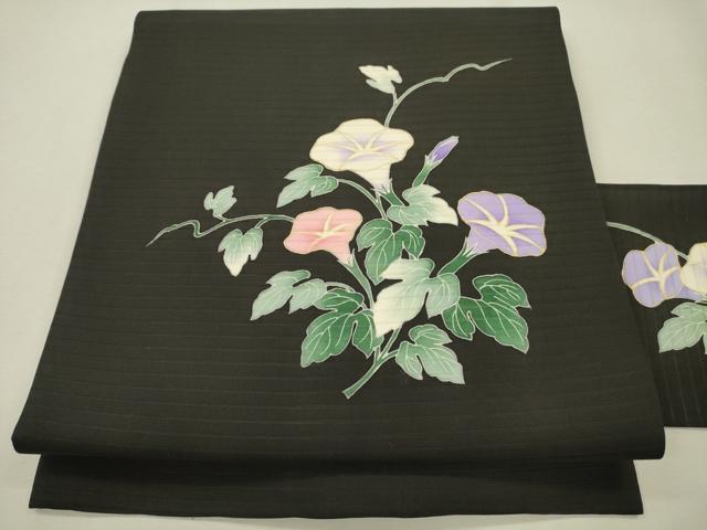 平和屋著物＊夏物　九寸名古屋帯　絽塩瀬　朝顔　黒地　金彩　正絹　逸品　CAAS3577eg