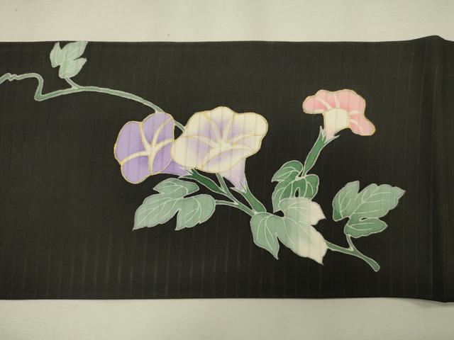 平和屋著物＊夏物　九寸名古屋帯　絽塩瀬　朝顔　黒地　金彩　正絹　逸品　CAAS3577eg