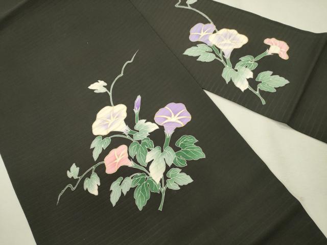 平和屋著物＊夏物　九寸名古屋帯　絽塩瀬　朝顔　黒地　金彩　正絹　逸品　CAAS3577eg