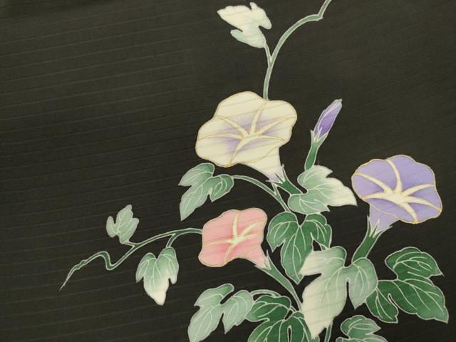 平和屋著物＊夏物　九寸名古屋帯　絽塩瀬　朝顔　黒地　金彩　正絹　逸品　CAAS3577eg