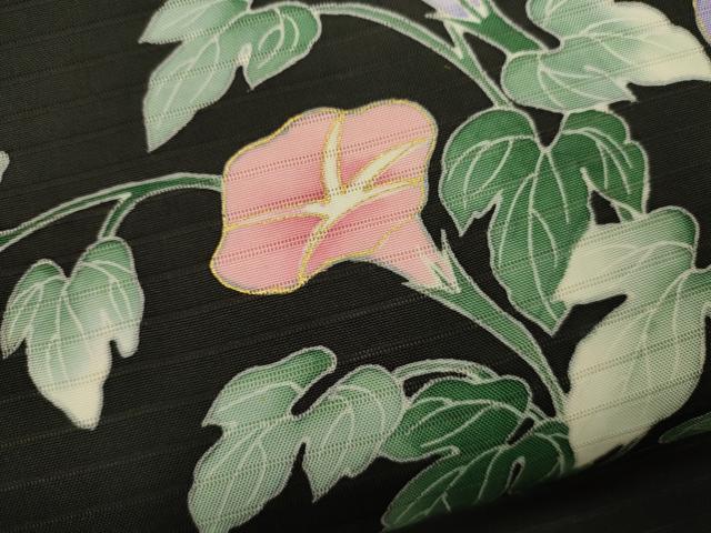 平和屋著物＊夏物　九寸名古屋帯　絽塩瀬　朝顔　黒地　金彩　正絹　逸品　CAAS3577eg