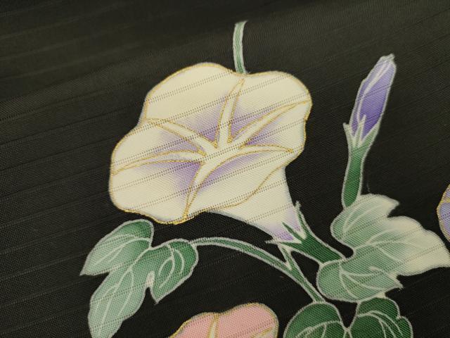 平和屋著物＊夏物　九寸名古屋帯　絽塩瀬　朝顔　黒地　金彩　正絹　逸品　CAAS3577eg