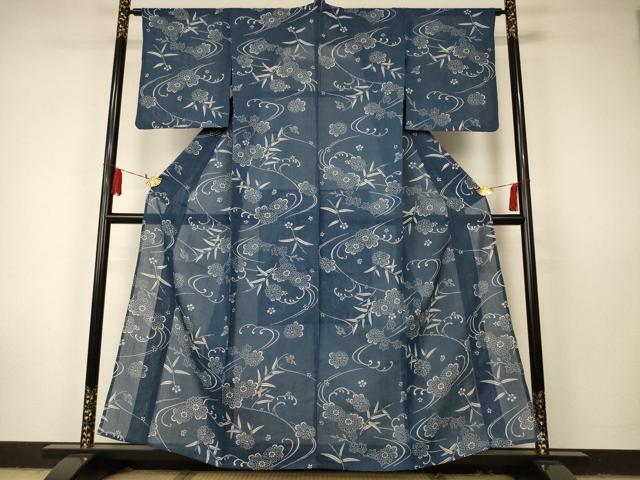 平和屋著物＊夏物　小紋　ちぢみ織　型染め　花鳥文　麻　逸品　AAAV4827jd