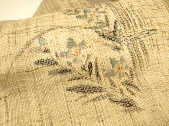 平和屋著物＊夏物　九寸名古屋帯　手描き　草花文　麻　逸品　DAAT1579cm