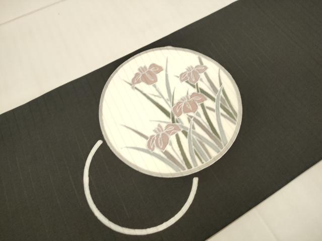 平和屋著物＊夏物　絽塩瀬　九寸名古屋帯　草花丸文　黒地　銀彩　正絹　逸品　DAAT6182op