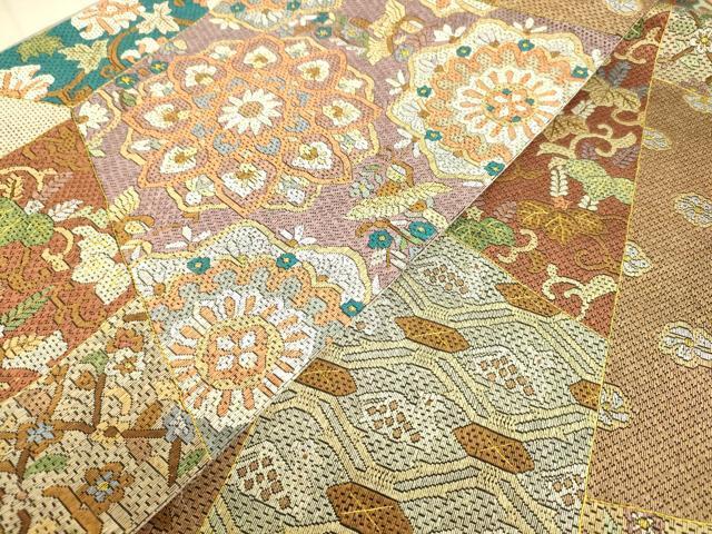 平和屋着物■極上　全通柄袋帯　総絽刺し　区限刺繍　名物裂　金糸　逸品　未使用　km042