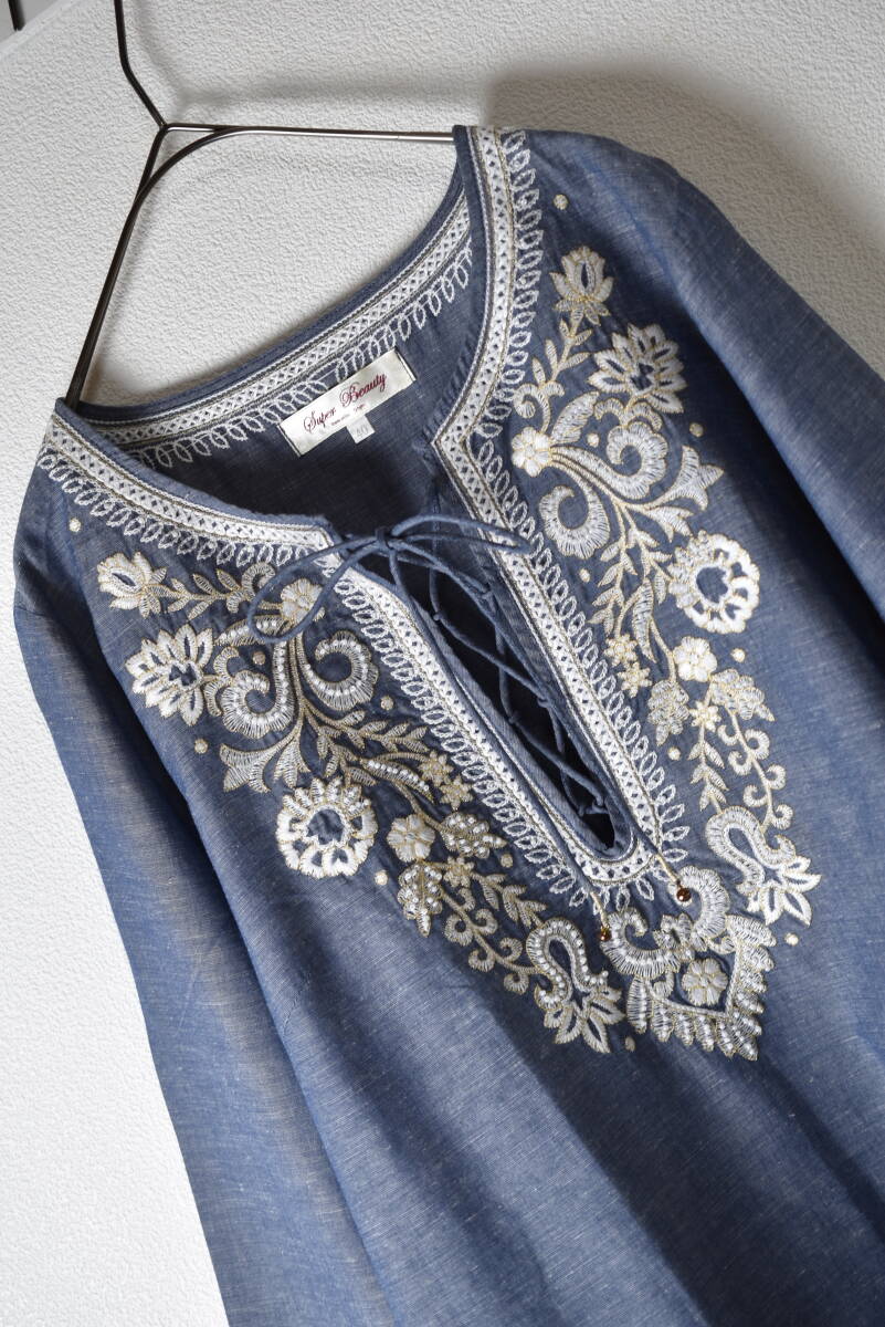 スーパービューティ SuperBeauty 刺繍柄入りブラウスチュニック 麻混 サイズ40 
