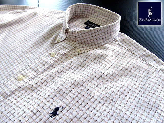 ★300円スタート！ラルフローレン RALPH LAUREN ボタンダウンシャツ 長袖 Lサイズ 希少品 ハンサムチェック ブラウン×カーキ×ホワイ???