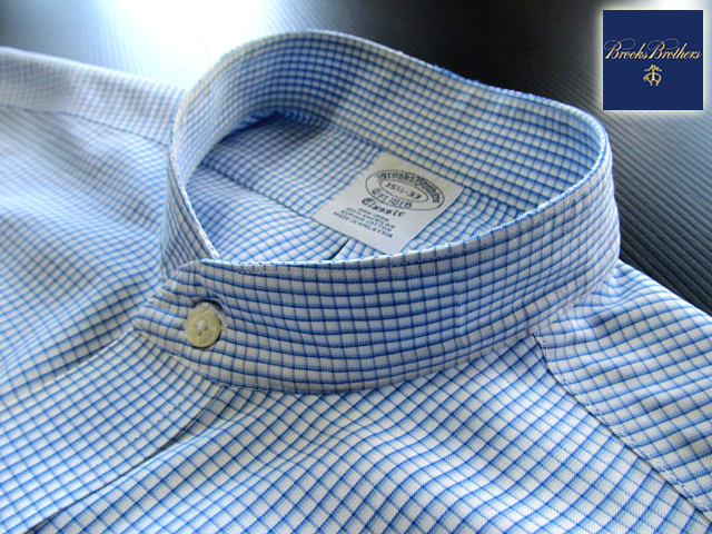 ★100円スタート！ブルックスブラザーズ BROOKS BROTHERS バンドカラーシャツ 長(zhǎng)袖 Lサイズ 希少品 ハンサムチェック ブルー×ホワイト