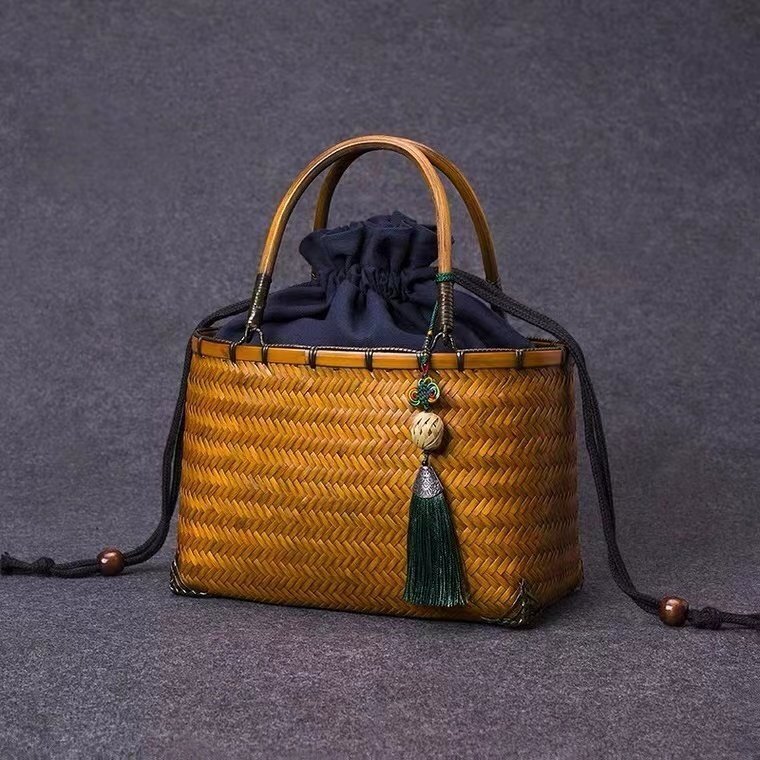 強(qiáng)力推薦★美品★竹バスケット 収納かご おしゃれ竹籠　編み 取っ手 持ち手 　手作りトートバスケット