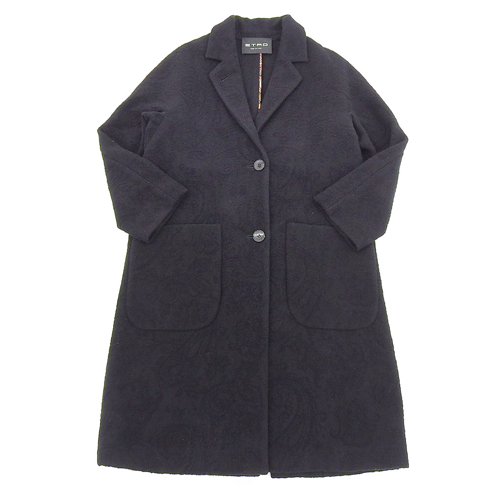 超美品 エトロ ETRO 2019年商品 ペイズリー柄 エンボス加工 シルクトリム Aライン チェスターコート レディース 38 黒