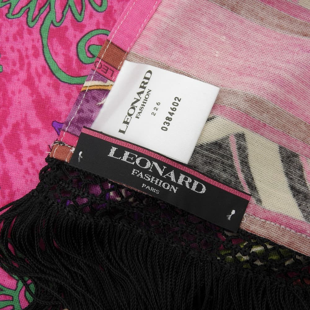 超美品 レオナール LEONARD ボタニカル シルク40％ ウール60% レーヨン フリンジ ストール マフラー マルチカラー レディース ほぼ未使用