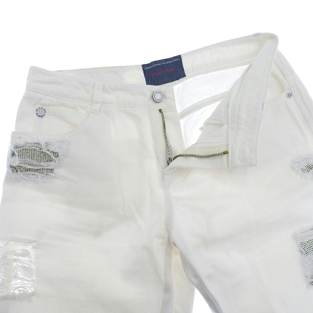 超美品 エルマノシェルビーノ ERMANNO SCERVINO 現(xiàn)行 高級ライン ROYAL DENIM ダメージ加工 スワロビジュー デニム パンツ 42 白
