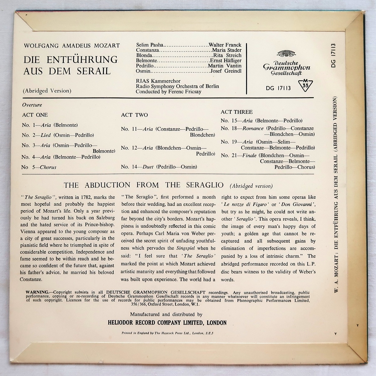 10INCH モーツァルト 後宮からの誘拐 ハイライト フリッチャイ RIASベルリン放送交響楽団 DG17113 英盤_画像2