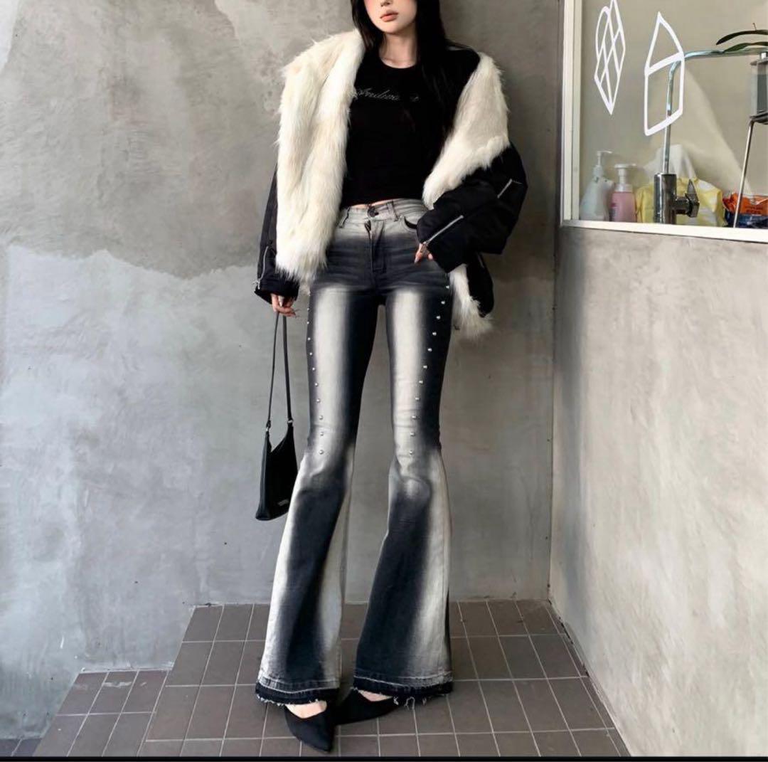 ANDWANG フレアデニムパンツ andwang Washed flare denim pants 黒 S デニムパンツ フレア