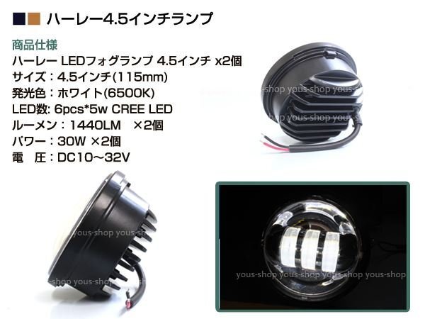ハーレーCREE LED ヘッドライト フォグランプ 車検対応4.5インチ