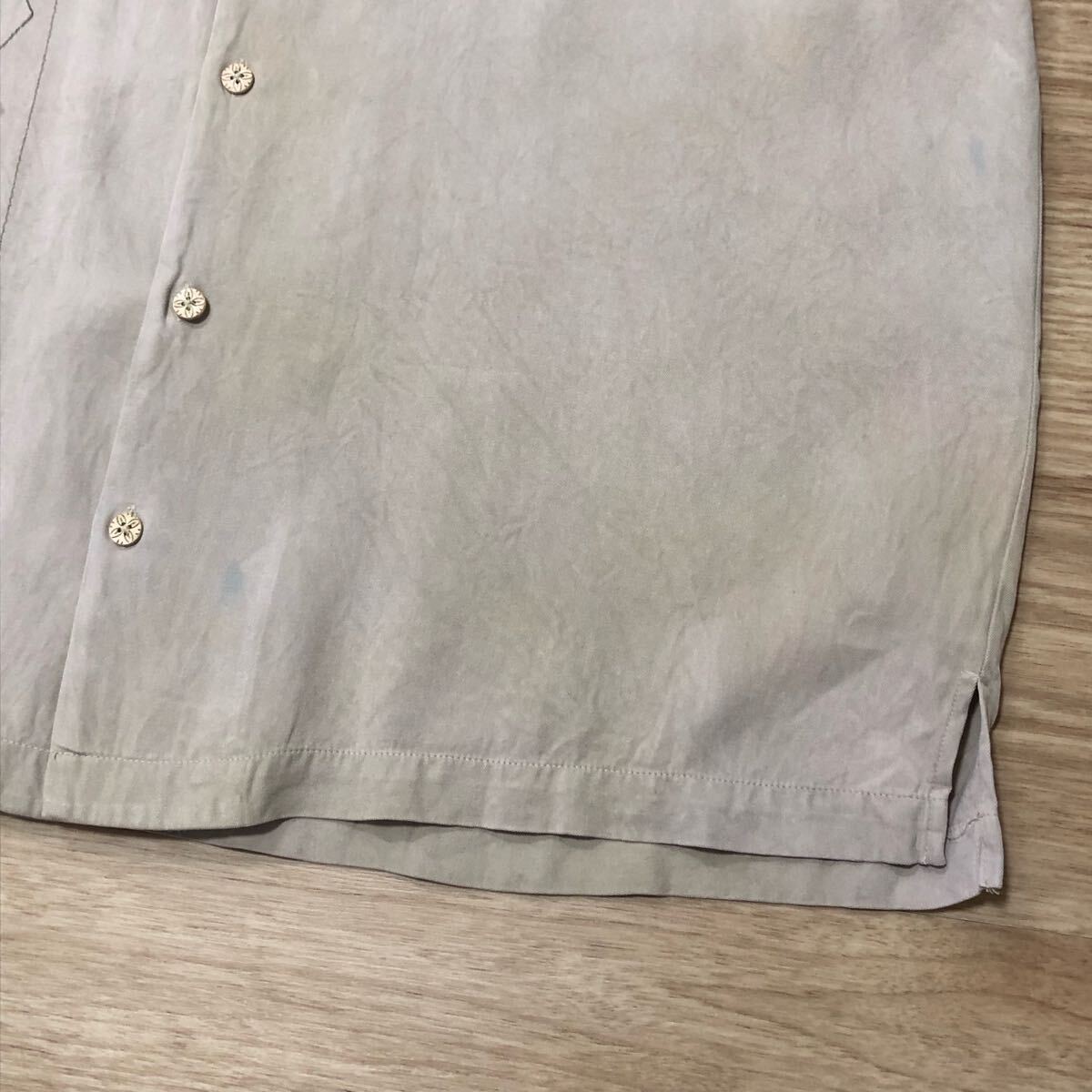 【送料無料】汚れありTommy Bahamaシルク100%アロハシャツ くすみ緑×カーキ刺繍柄 メンズXLサイズ トミーバハマハワイアン半袖シャツ