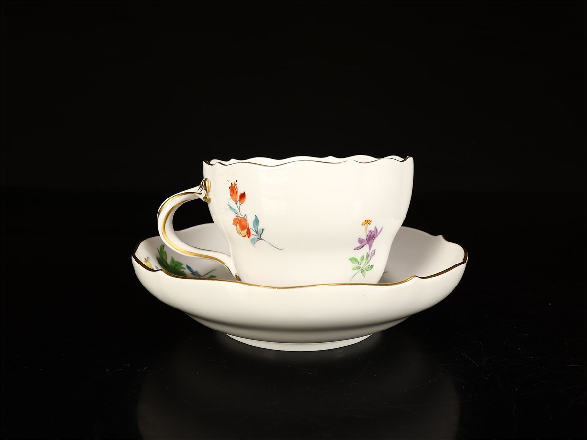 【吉】CL397 MEISSEN 【マイセン】 色絵花紋 カップ＆ソーサー 1組 2點セット／美品！