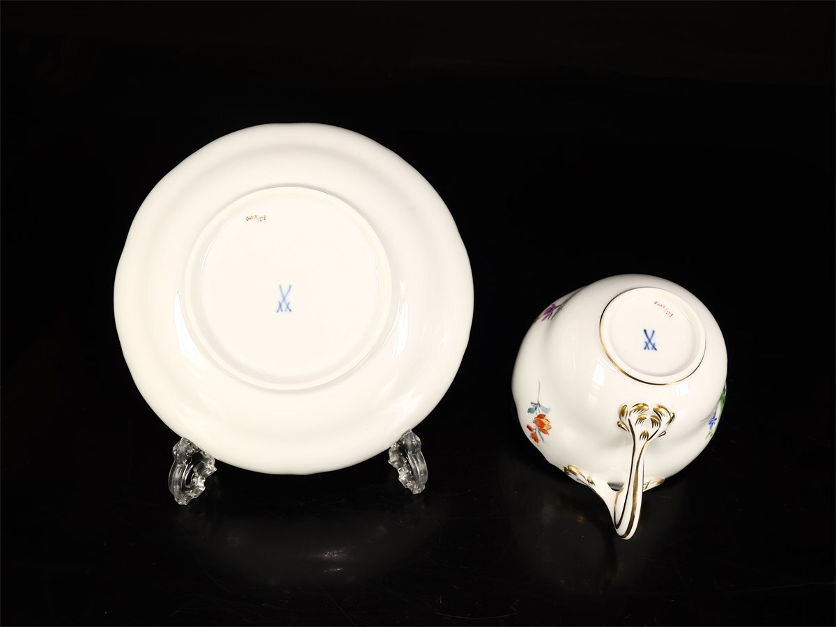 【吉】CL397 MEISSEN 【マイセン】 色絵花紋 カップ＆ソーサー 1組 2點セット／美品！