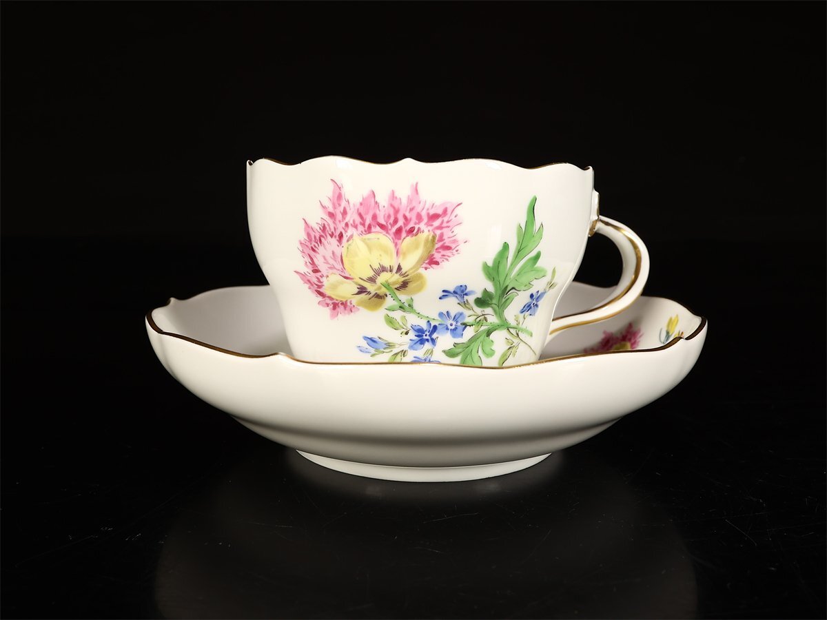 【吉】CL397 MEISSEN 【マイセン】 色絵花紋 カップ＆ソーサー 1組 2點セット／美品！