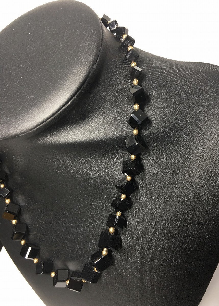 オニキス/黒瑪瑙 デザインカット K18 ネックレス キューブ 総重量約50g ブラック-中古美品-D2210