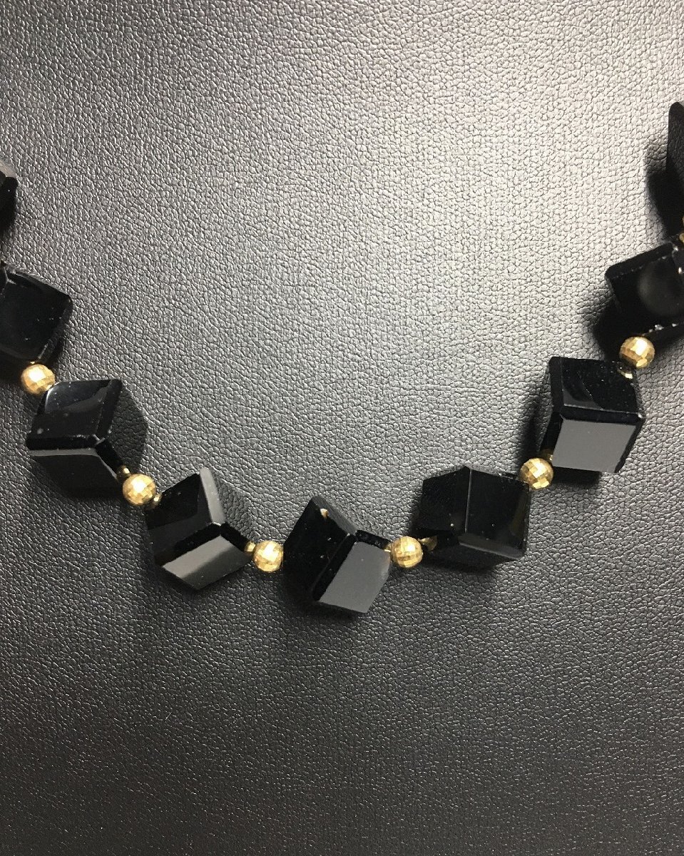 オニキス/黒瑪瑙 デザインカット K18 ネックレス キューブ 総重量約50g ブラック-中古美品-D2210