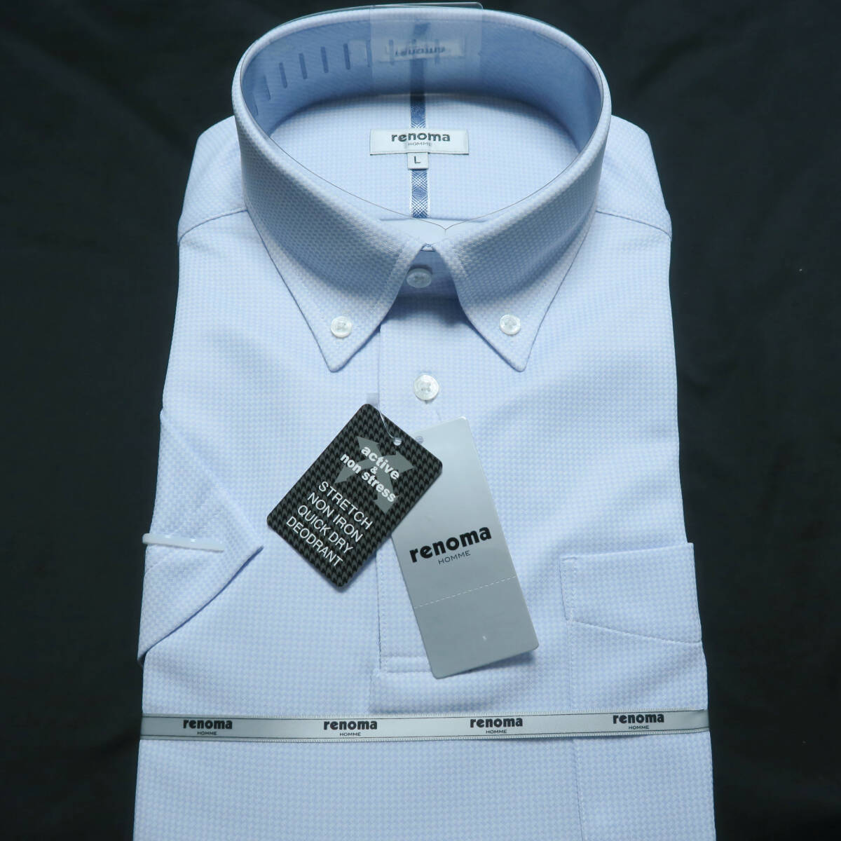 G009■春夏 レノマ renoma HOMME ビズポロ 水色系マイクロブロック柄 ボタンダウン ドライマスター 半袖ストレッチポロシャツ クールビズ L