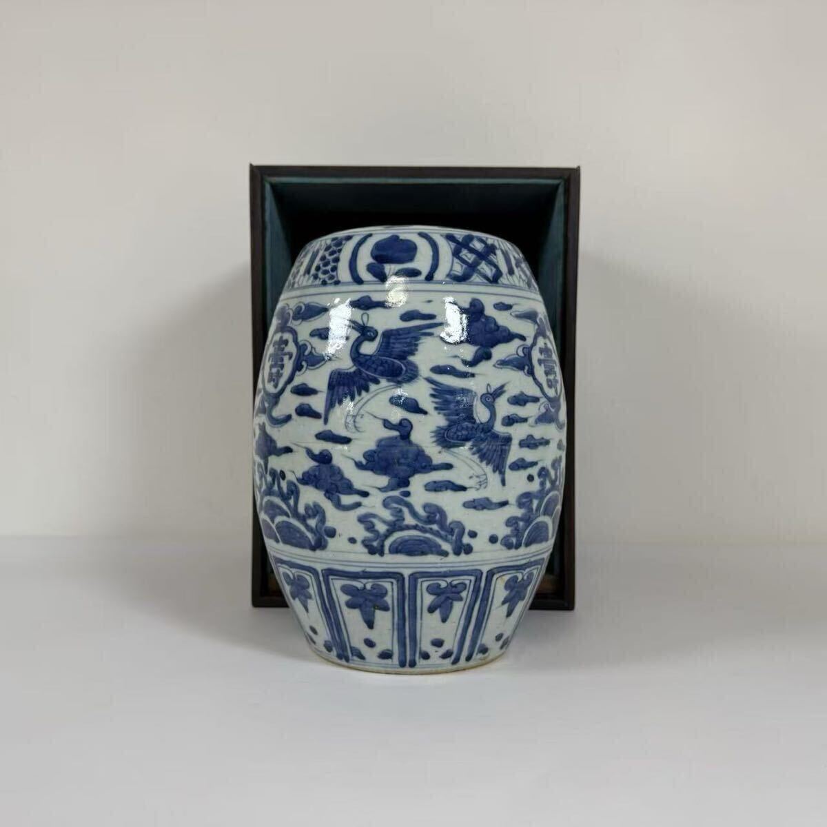 中國古美術(shù) 時(shí)代物 古染付 鼓 置物 鶴図 唐物 陶磁器 中國古玩 骨董品 箱付 箱蓋なし 保証書付き　 