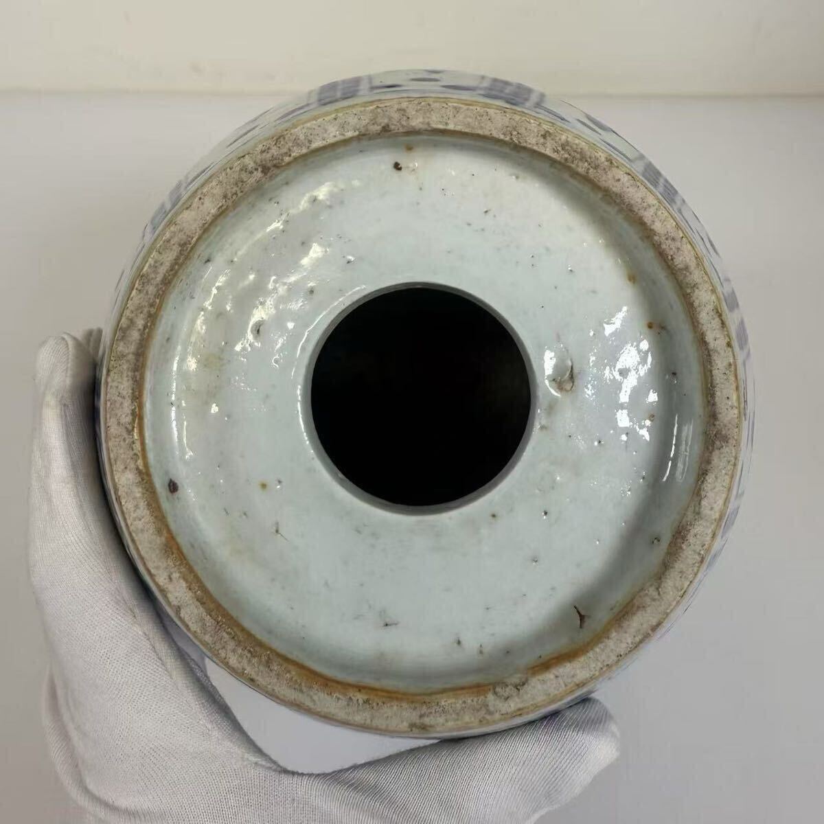 中國古美術(shù) 時(shí)代物 古染付 鼓 置物 鶴図 唐物 陶磁器 中國古玩 骨董品 箱付 箱蓋なし 保証書付き　 