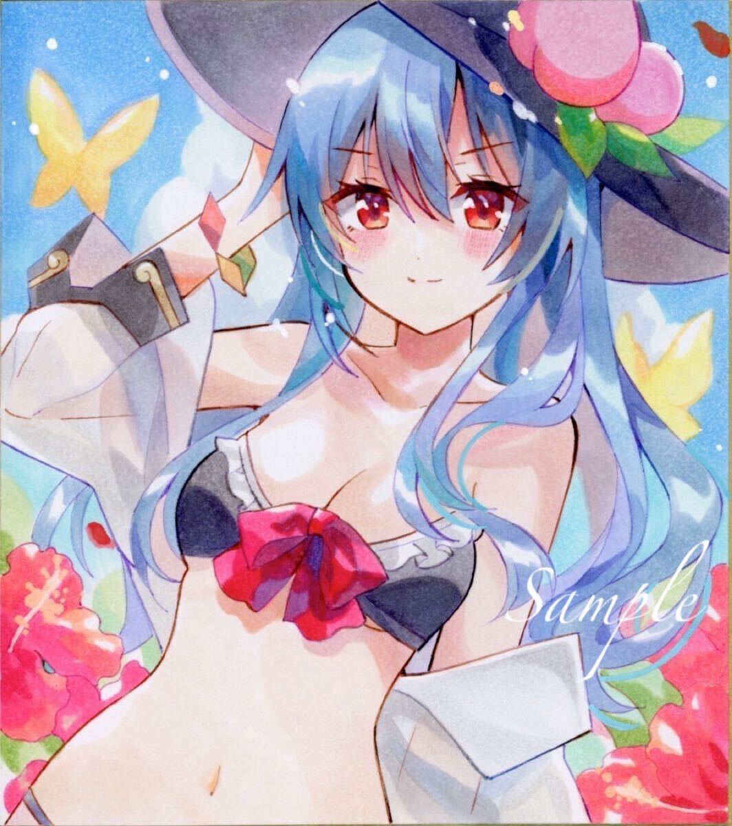 東方プロジェクト 比那名居天子 手書き色紙 手描きイラスト 同人 東方project 比那名居天子 水着 原画 色紙