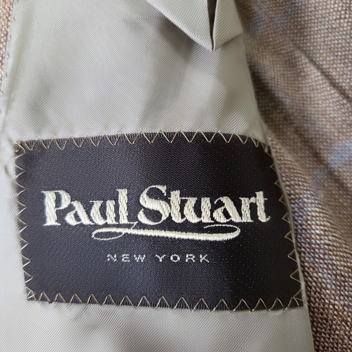 美品 ポールスチュアート【三者混 シルク リネン ウール チェック 50 XL 相當(dāng)】Paul Stuart テーラードジャケット ブラウン ライトブルー
