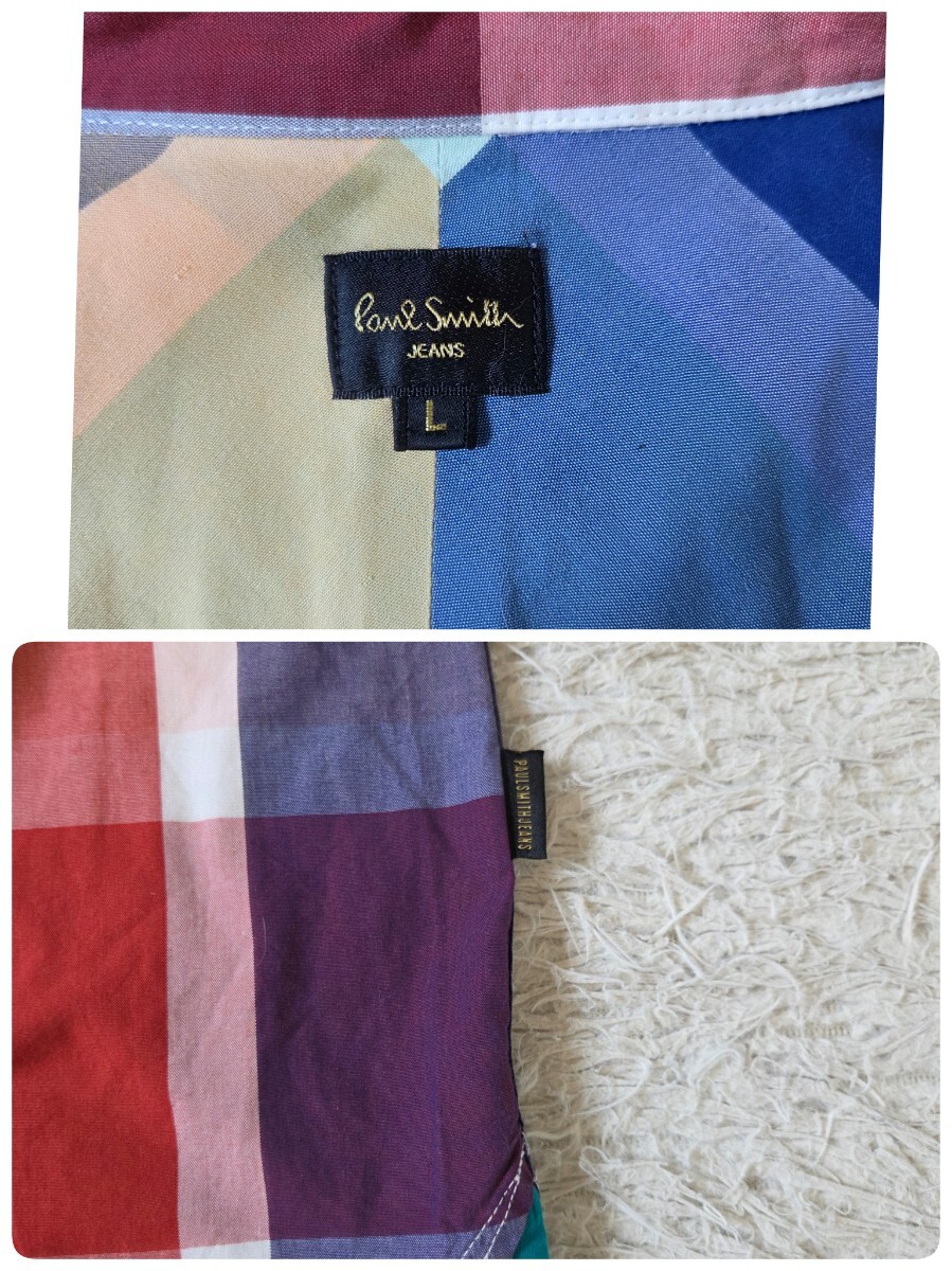  прекрасный товар Paul Smith [ общий рисунок проверка многоцветный редкий размер L]Paul Smith JEANS рубашка короткий рукав темно-синий красный белый серый 